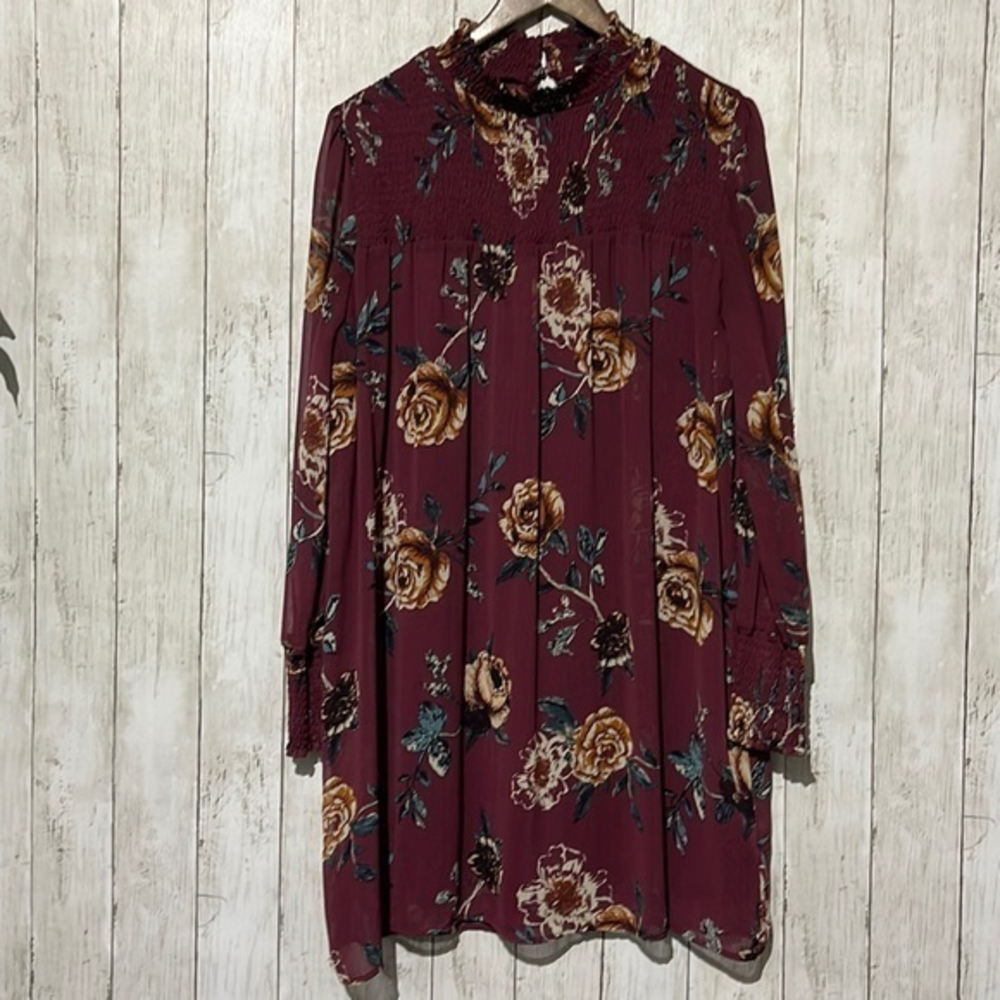Ophelia Roe Burgundy Floral Smocked Mock Neck Long Sleeve Mini Dress Size L
